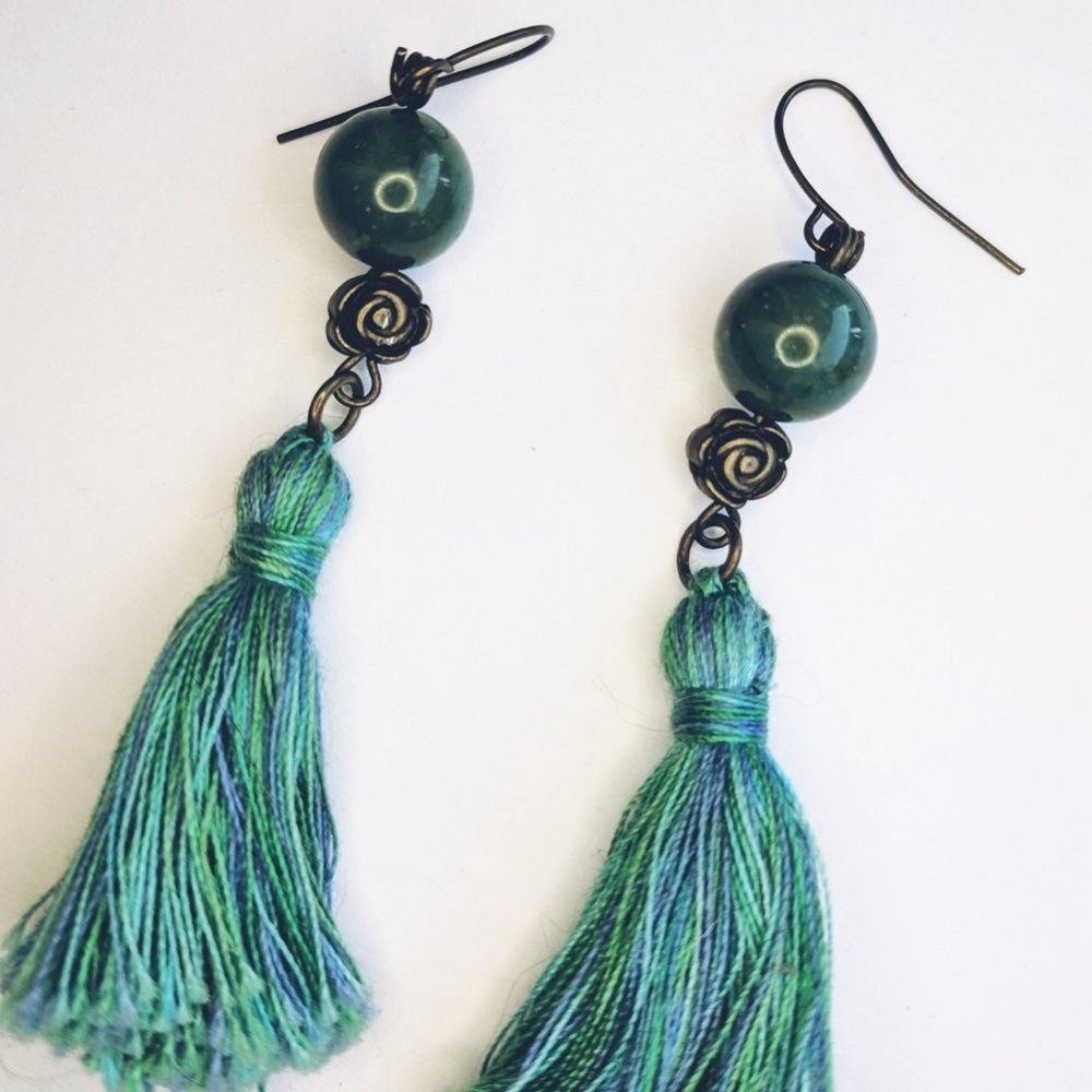 Aventurine boho tassel earrings sea green